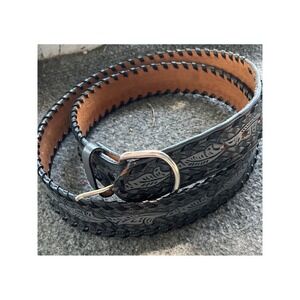 Mens Top Grain Saddle Leather Hand Laced Western Belt Black Leaf Embossed 44